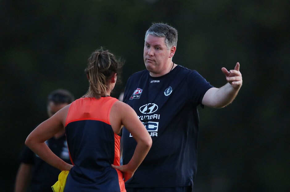 AFLW 2017 Training - Carlton 211117 Damien Keeping makes his point at a Carlton AFLW training session - AFLW,AFLW Draft,Tayla Harris,Nicola Stevens
